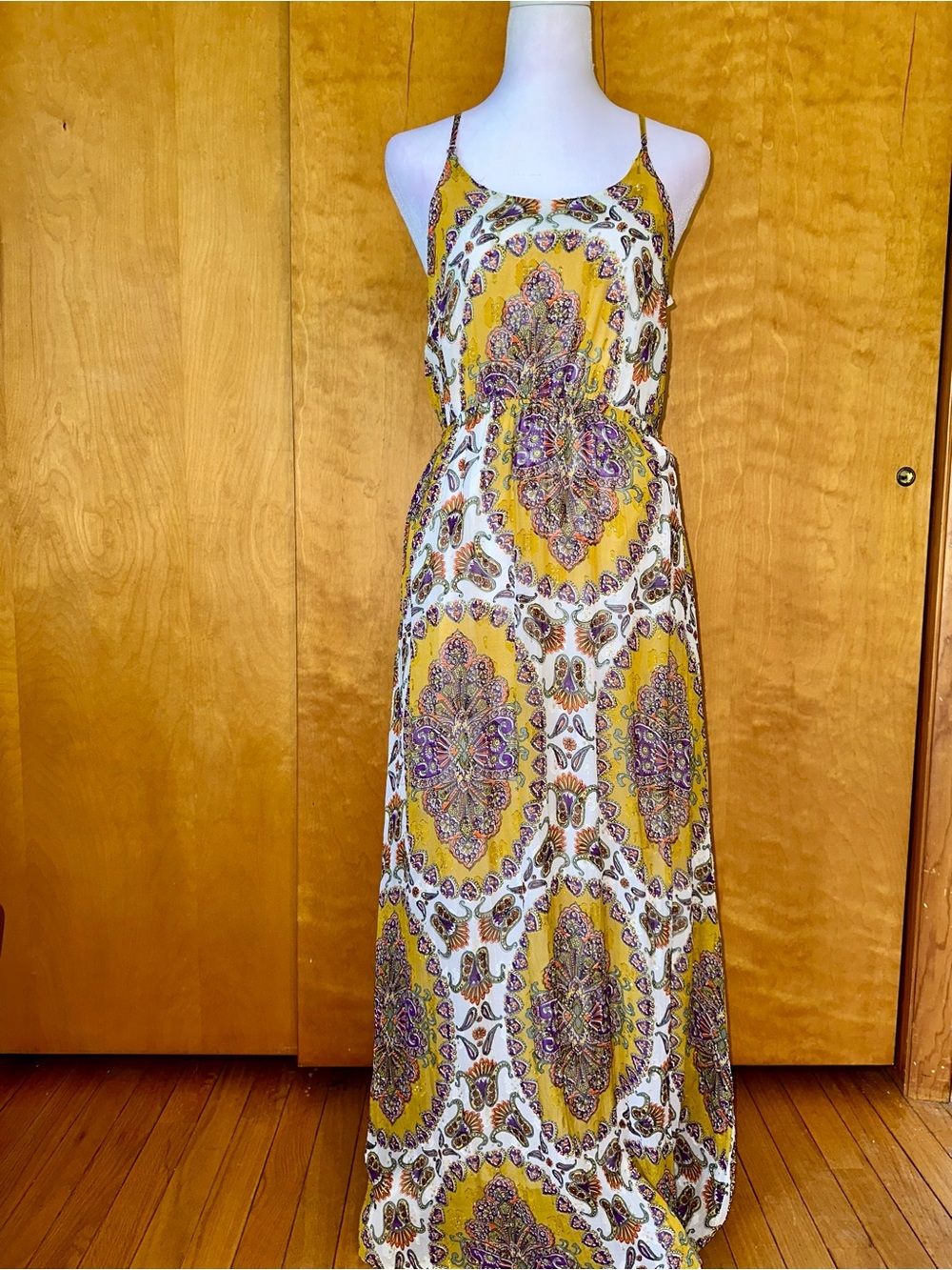 Anthropologie Yellow Paisley Print Spaghetti-Strap Maxi Dress